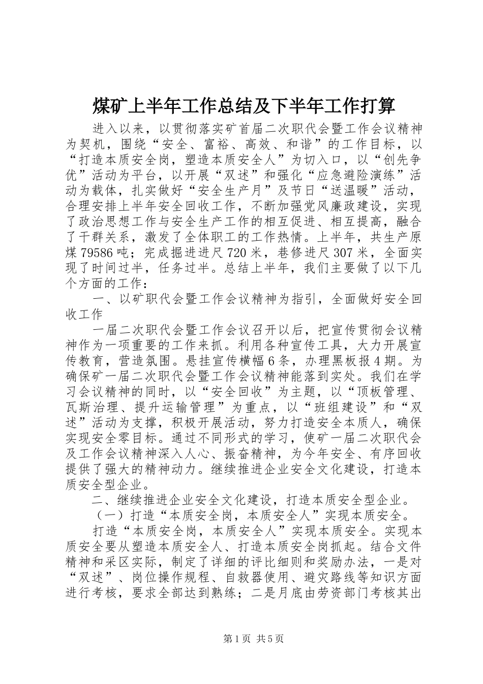 2024年煤矿上半年工作总结及下半年工作打算_第1页