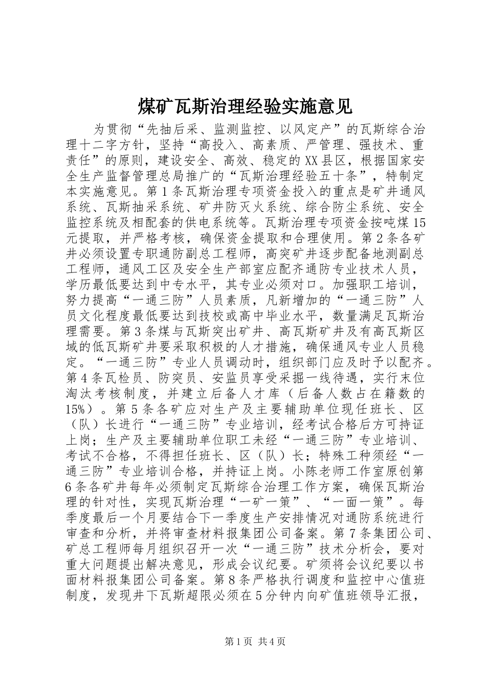 2024年煤矿瓦斯治理经验实施意见_第1页