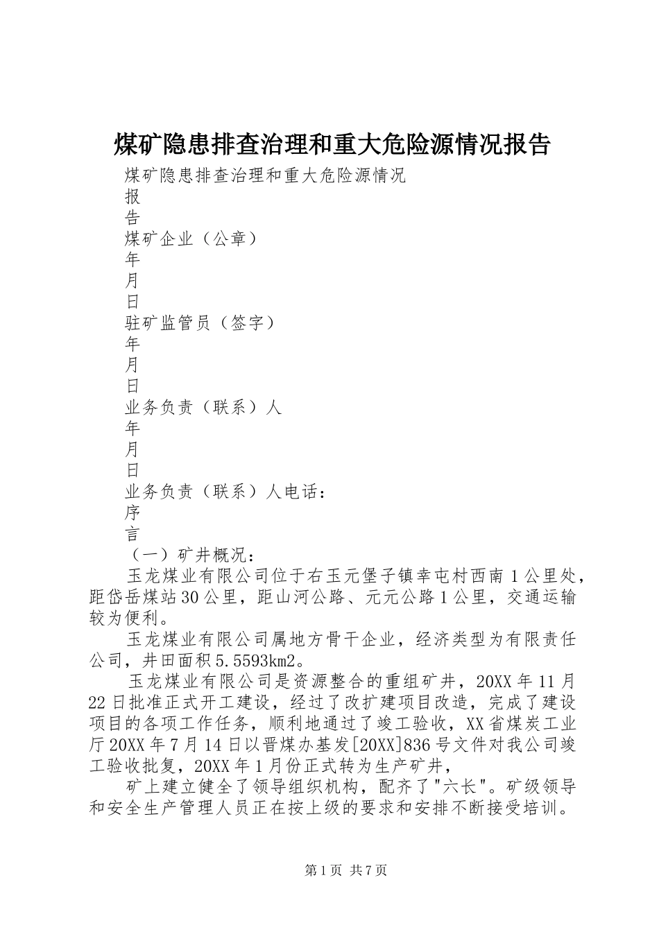 2024年煤矿隐患排查治理和重大危险源情况报告_第1页
