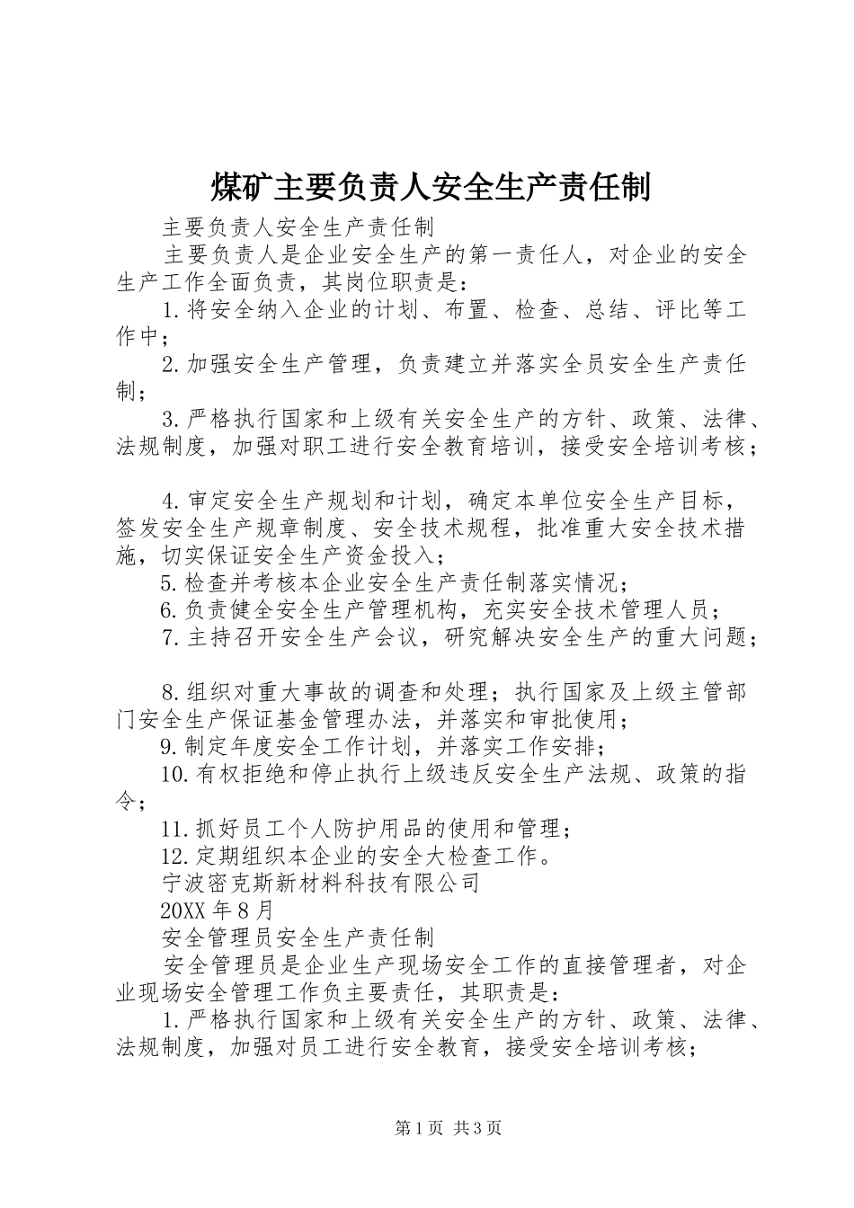 2024年煤矿主要负责人安全生产责任制_第1页