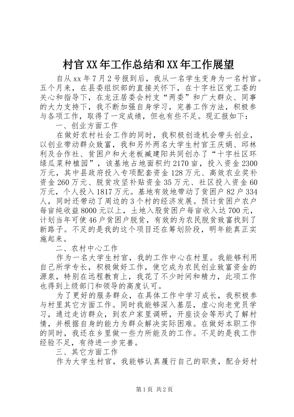 2024年村官工作总结和工作展望_第1页