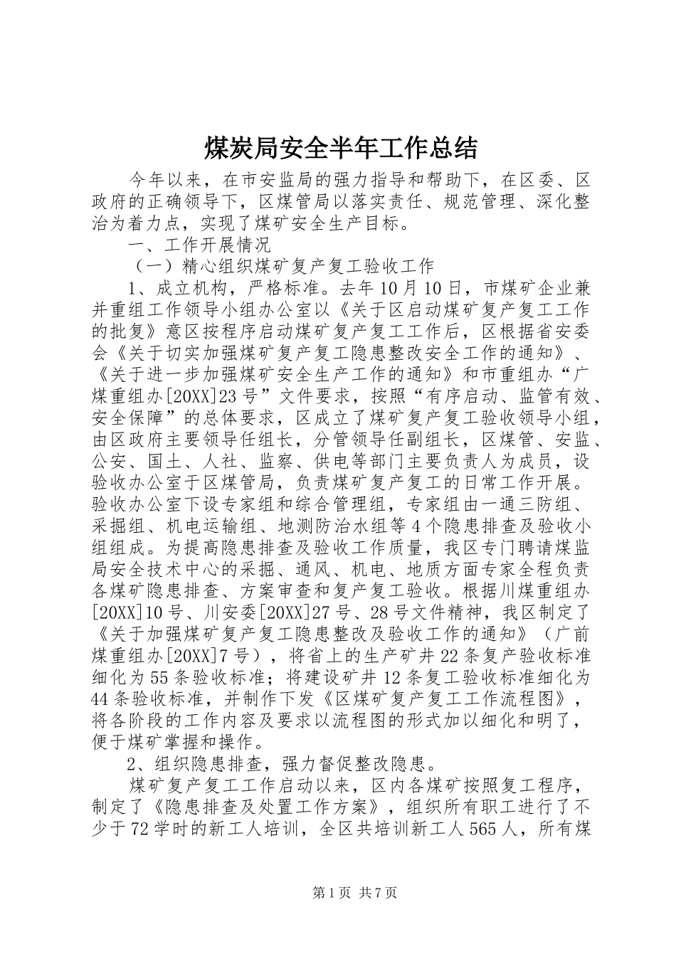 2024年煤炭局安全半年工作总结_第1页