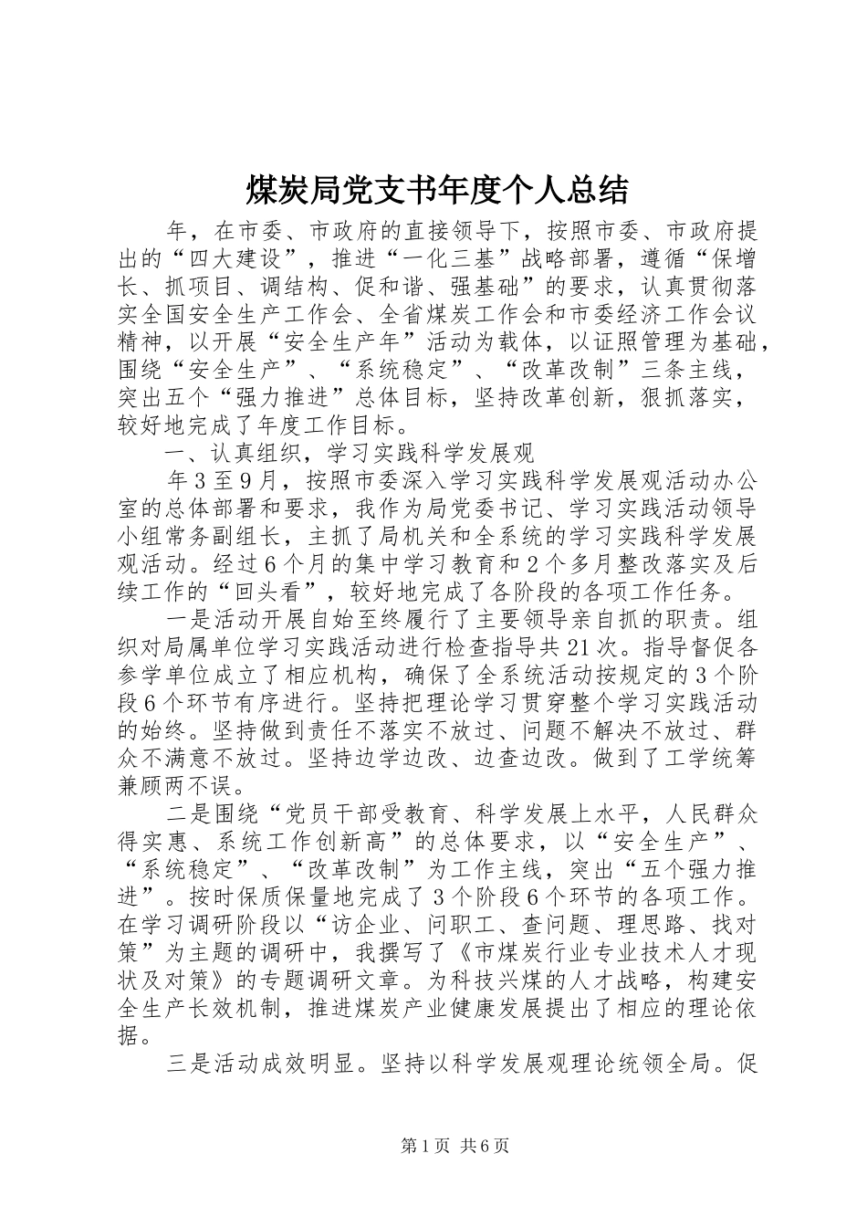 2024年煤炭局党支书年度个人总结_第1页