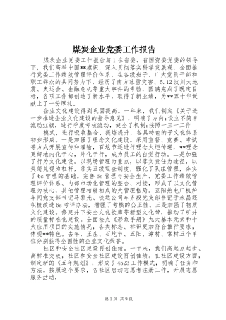 2024年煤炭企业党委工作报告