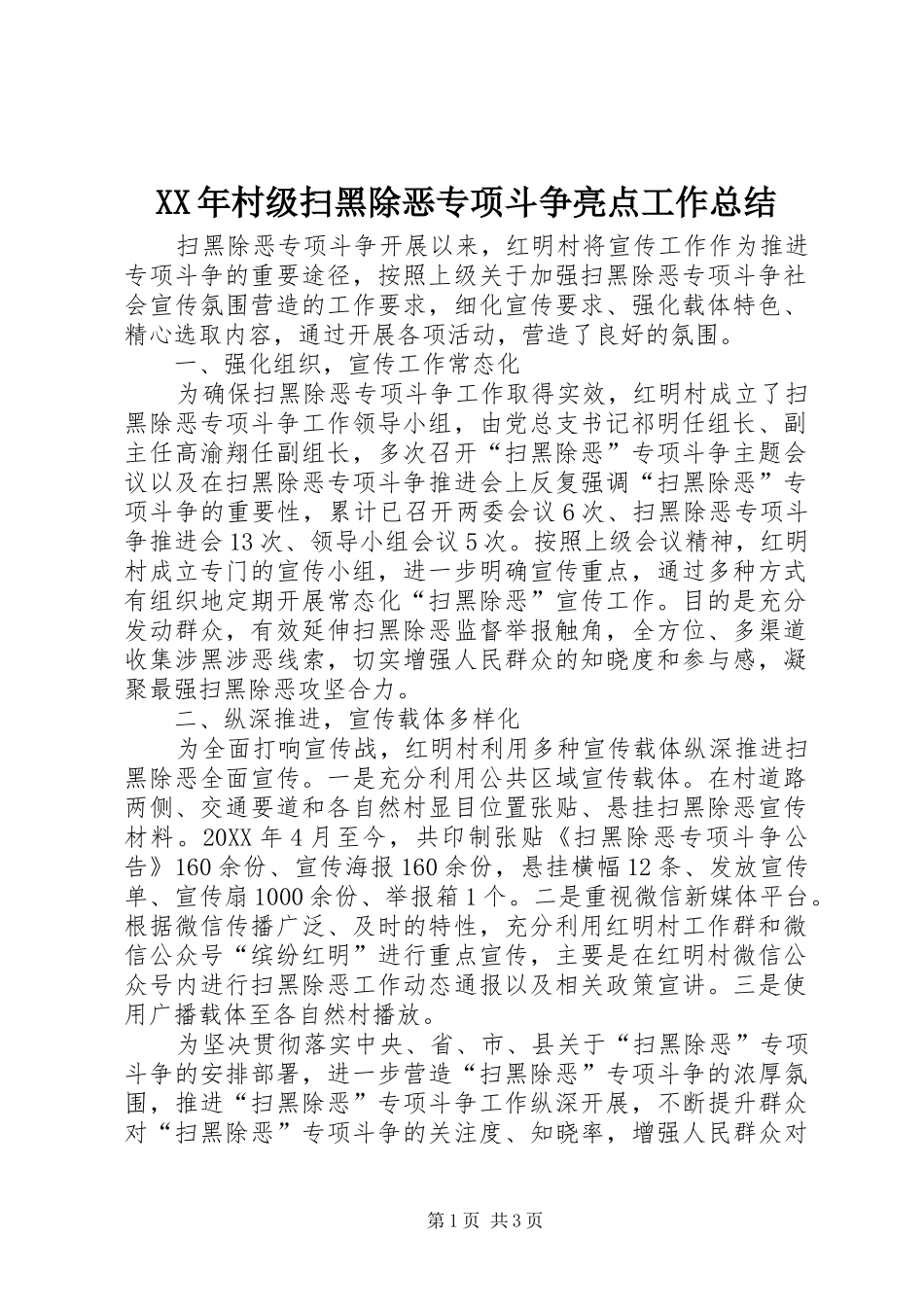 2024年村级扫黑除恶专项斗争亮点工作总结_第1页