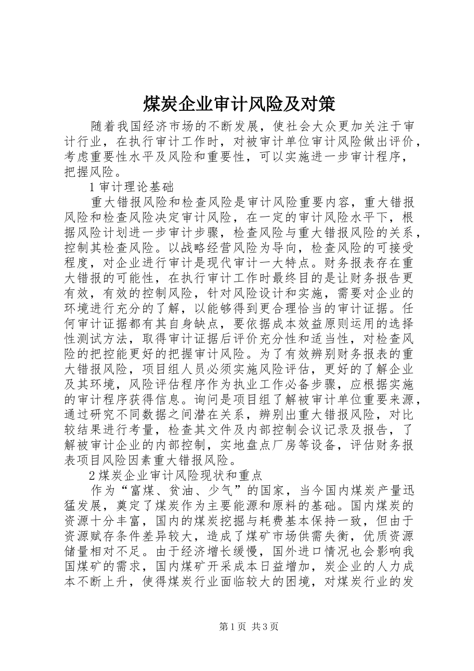 2024年煤炭企业审计风险及对策_第1页