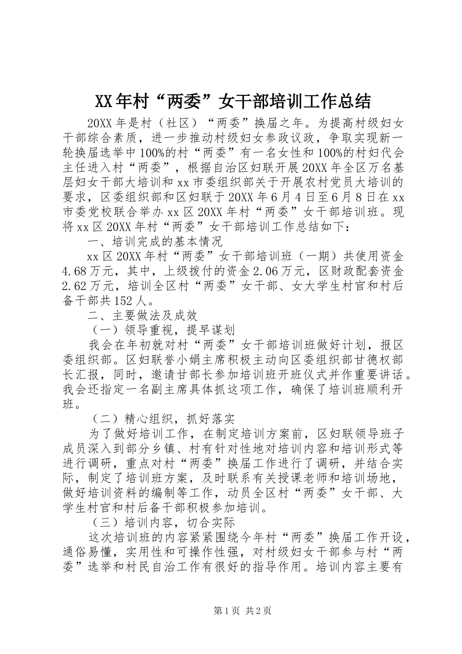 2024年村两委女干部培训工作总结_第1页