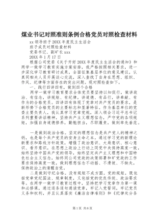 2024年煤业书记对照准则条例合格党员对照检查材料