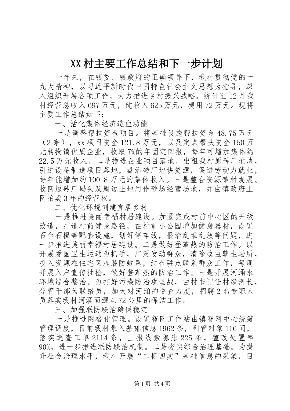 2024年村主要工作总结和下一步计划_第1页