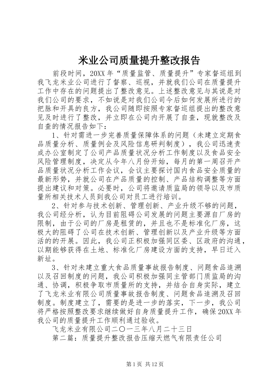 2024年米业公司质量提升整改报告_第1页