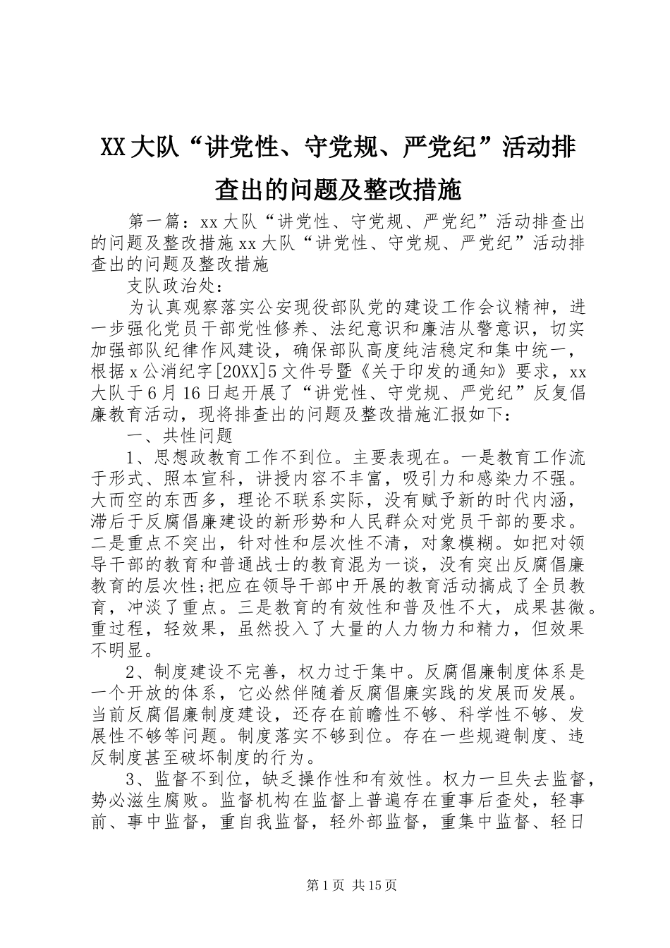 2024年大队讲党性守党规严党纪活动排查出的问题及整改措施_第1页