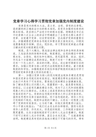 2024年党章学习心得学习贯彻党章加强党内制度建设