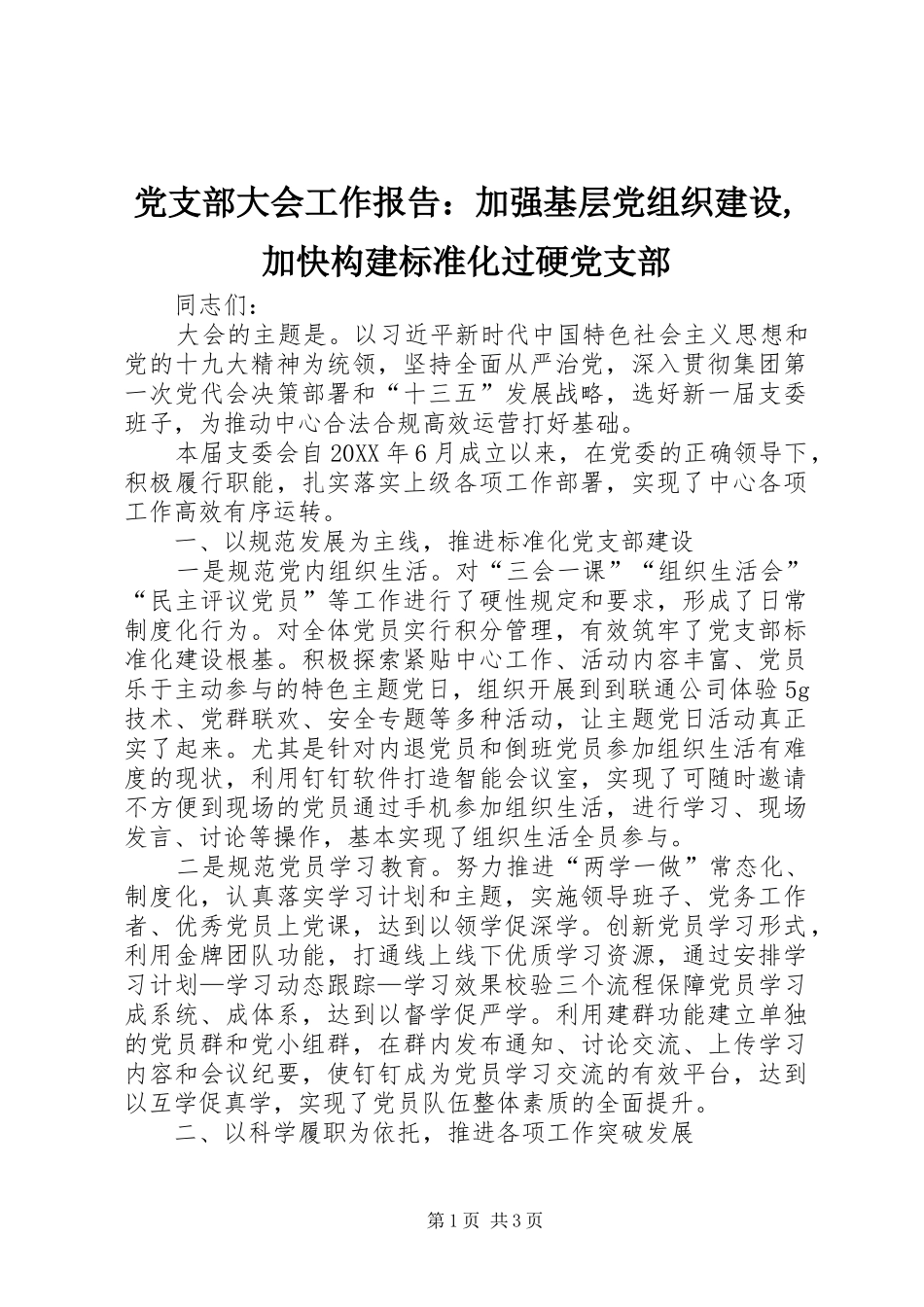 2024年党支部大会工作报告：加强基层党组织建设,加快构建标准化过硬党支部_第1页
