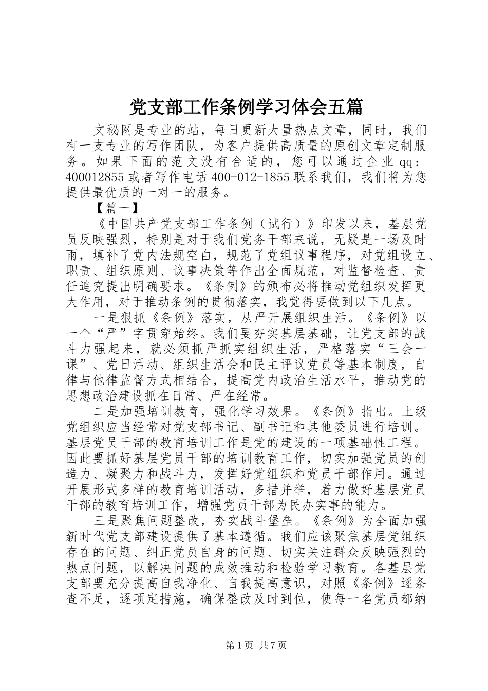 2024年党支部工作条例学习体会五篇_第1页