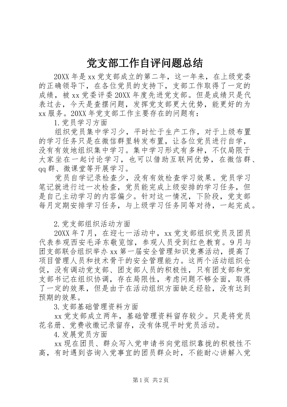 2024年党支部工作自评问题总结_第1页