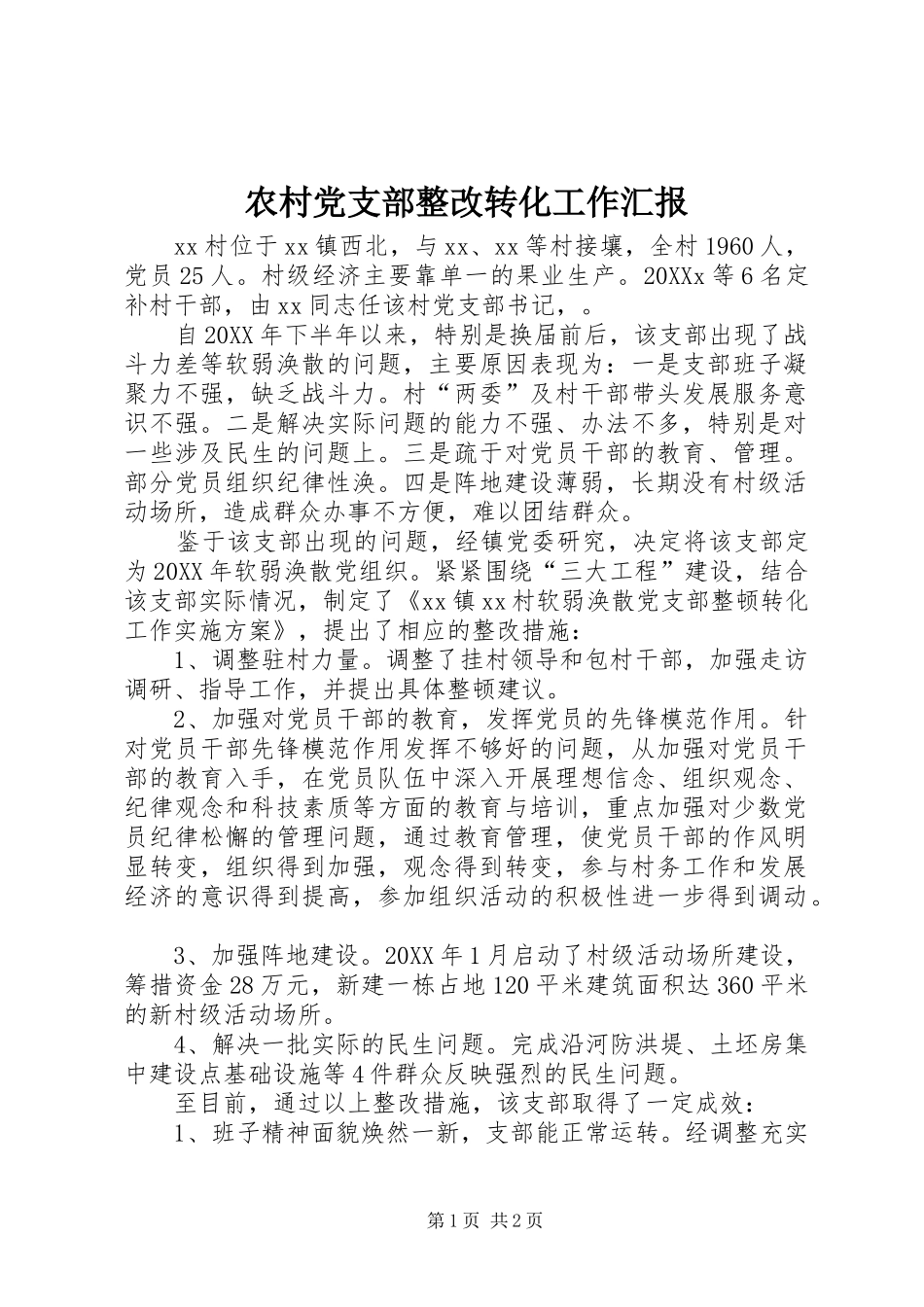 2024年农村党支部整改转化工作汇报_第1页