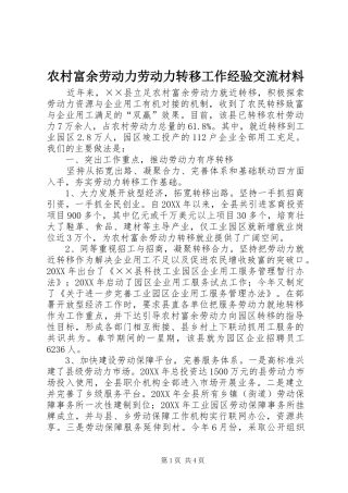 2024年农村富余劳动力劳动力转移工作经验交流材料