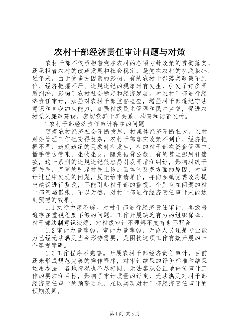 2024年农村干部经济责任审计问题与对策_第1页