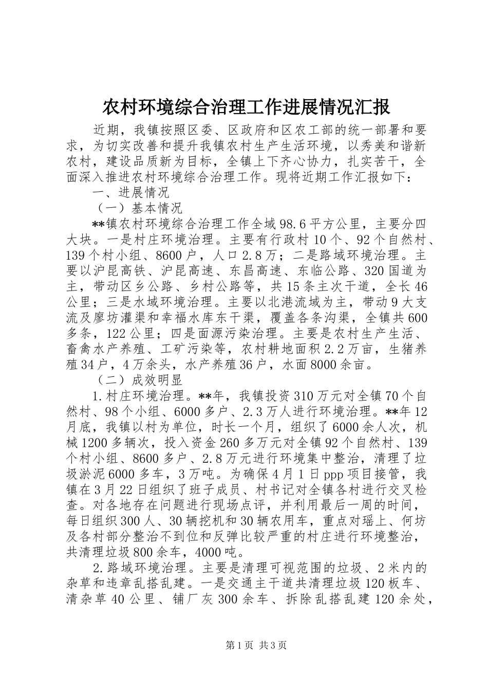 2024年农村环境综合治理工作进展情况汇报_第1页