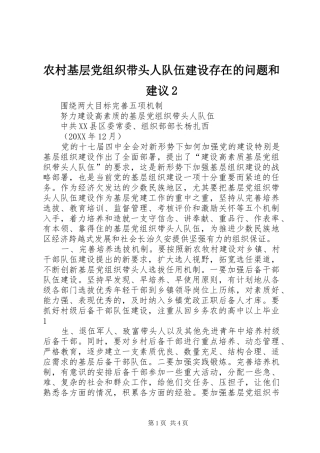 2024年农村基层党组织带头人队伍建设存在的问题和建议