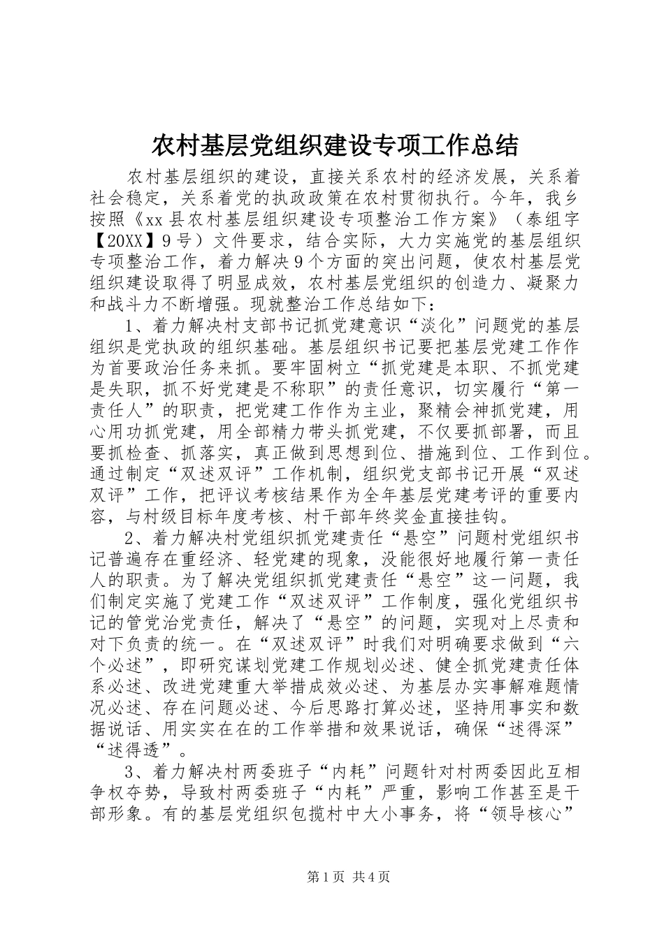 2024年农村基层党组织建设专项工作总结_第1页