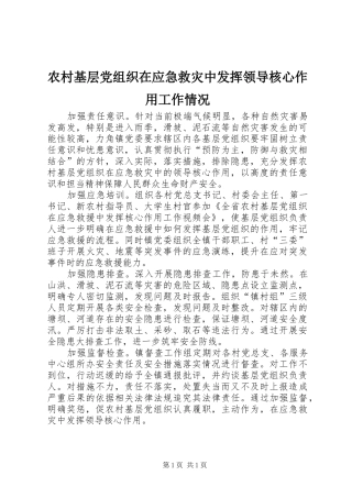 2024年农村基层党组织在应急救灾中发挥领导核心作用工作情况