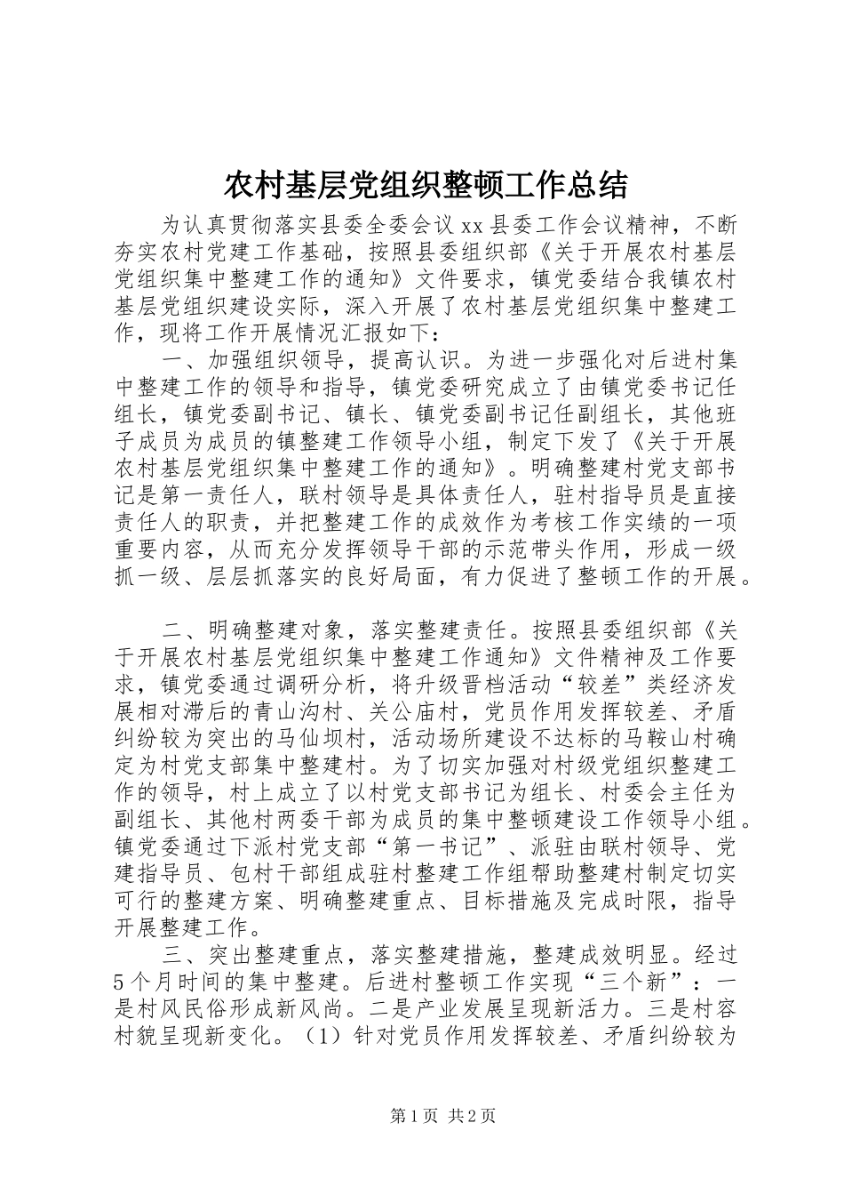 2024年农村基层党组织整顿工作总结_第1页