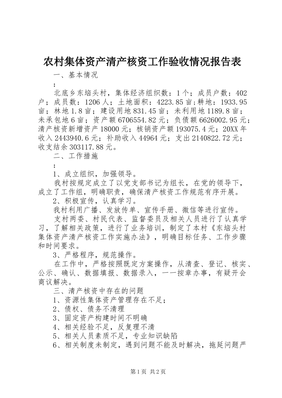2024年农村集体资产清产核资工作验收情况报告表_第1页