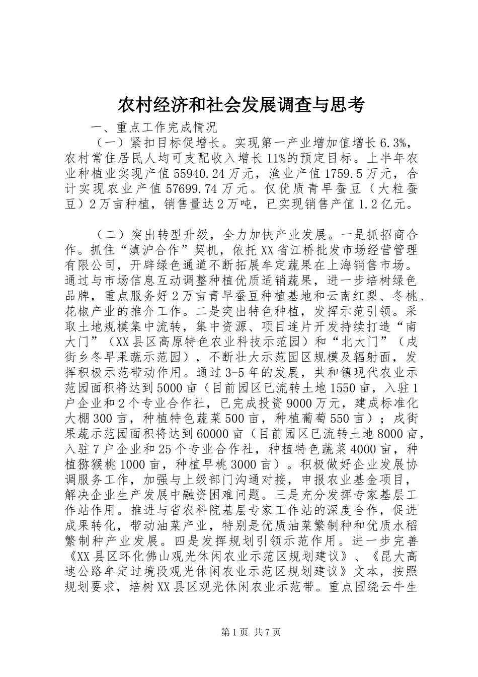 2024年农村经济和社会发展调查与思考_第1页