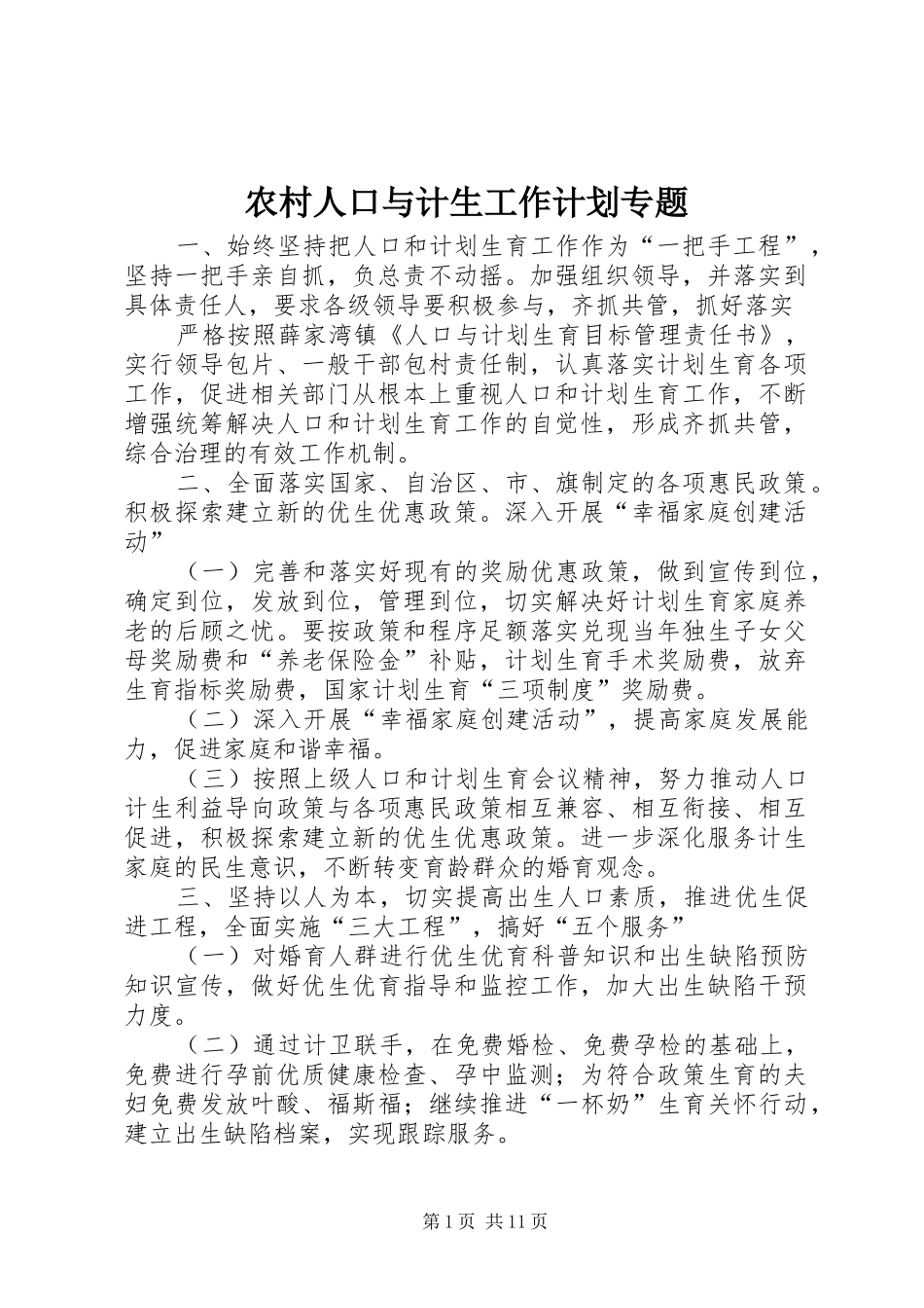 2024年农村人口与计生工作计划专题_第1页