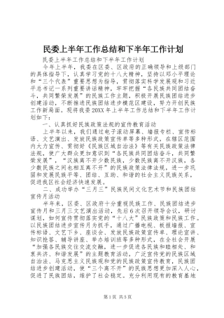 2024年民委上半年工作总结和下半年工作计划