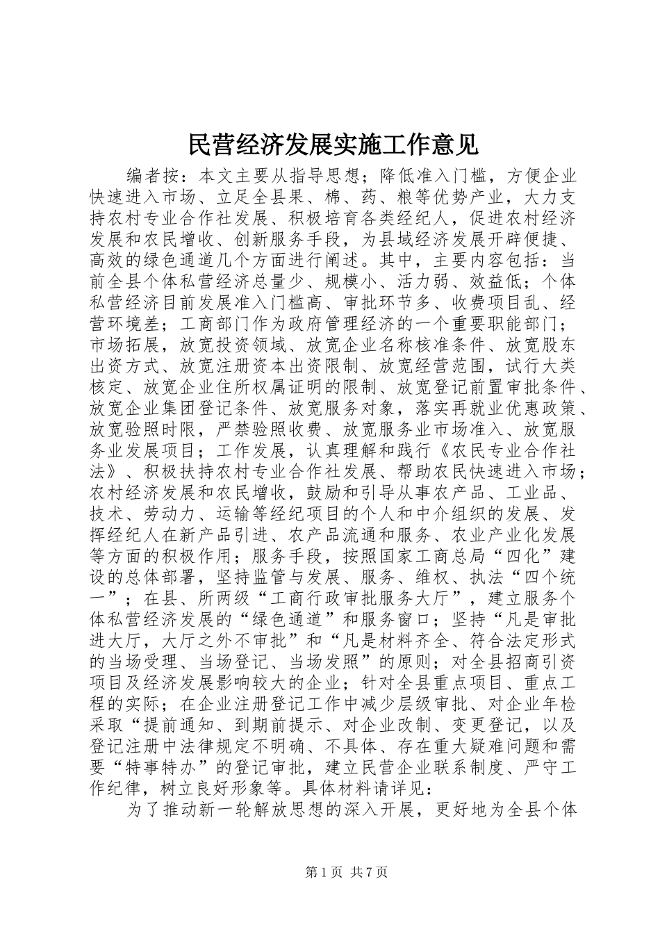 2024年民营经济发展实施工作意见_第1页