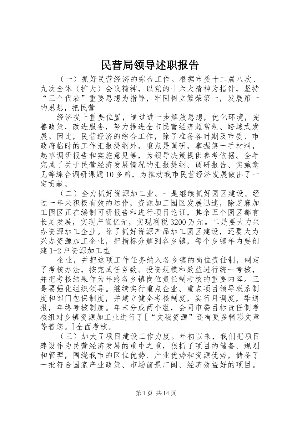 2024年民营局领导述职报告_第1页