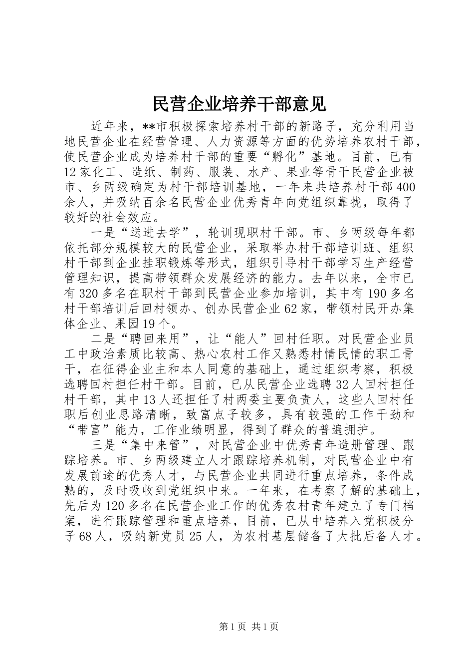 2024年民营企业培养干部意见_第1页
