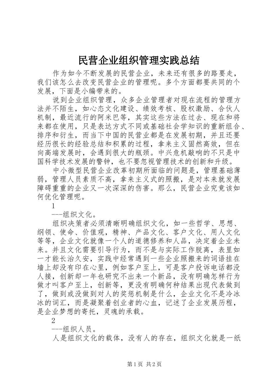 2024年民营企业组织管理实践总结_第1页