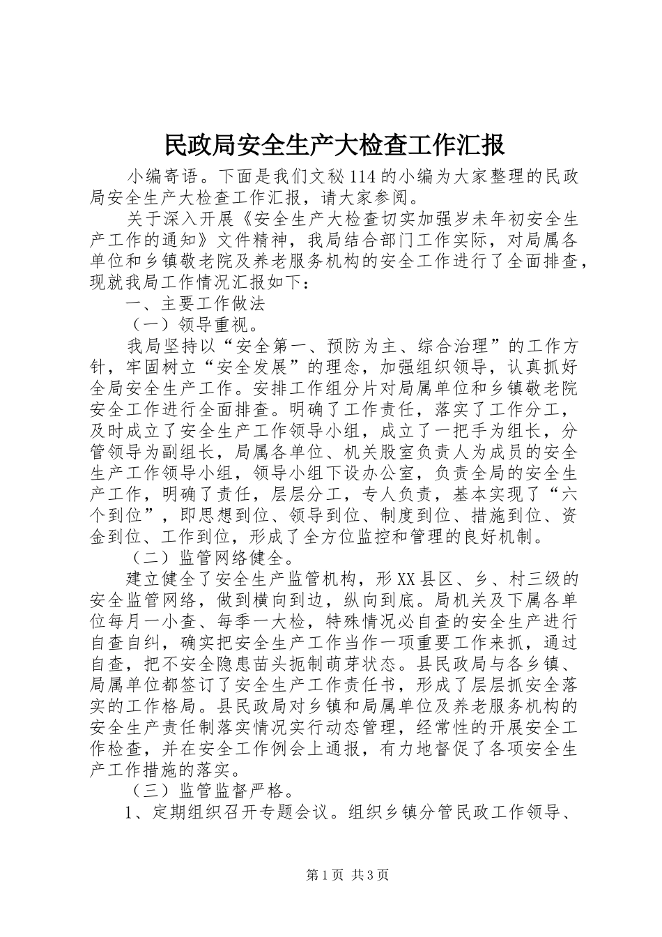 2024年民政局安全生产大检查工作汇报_第1页
