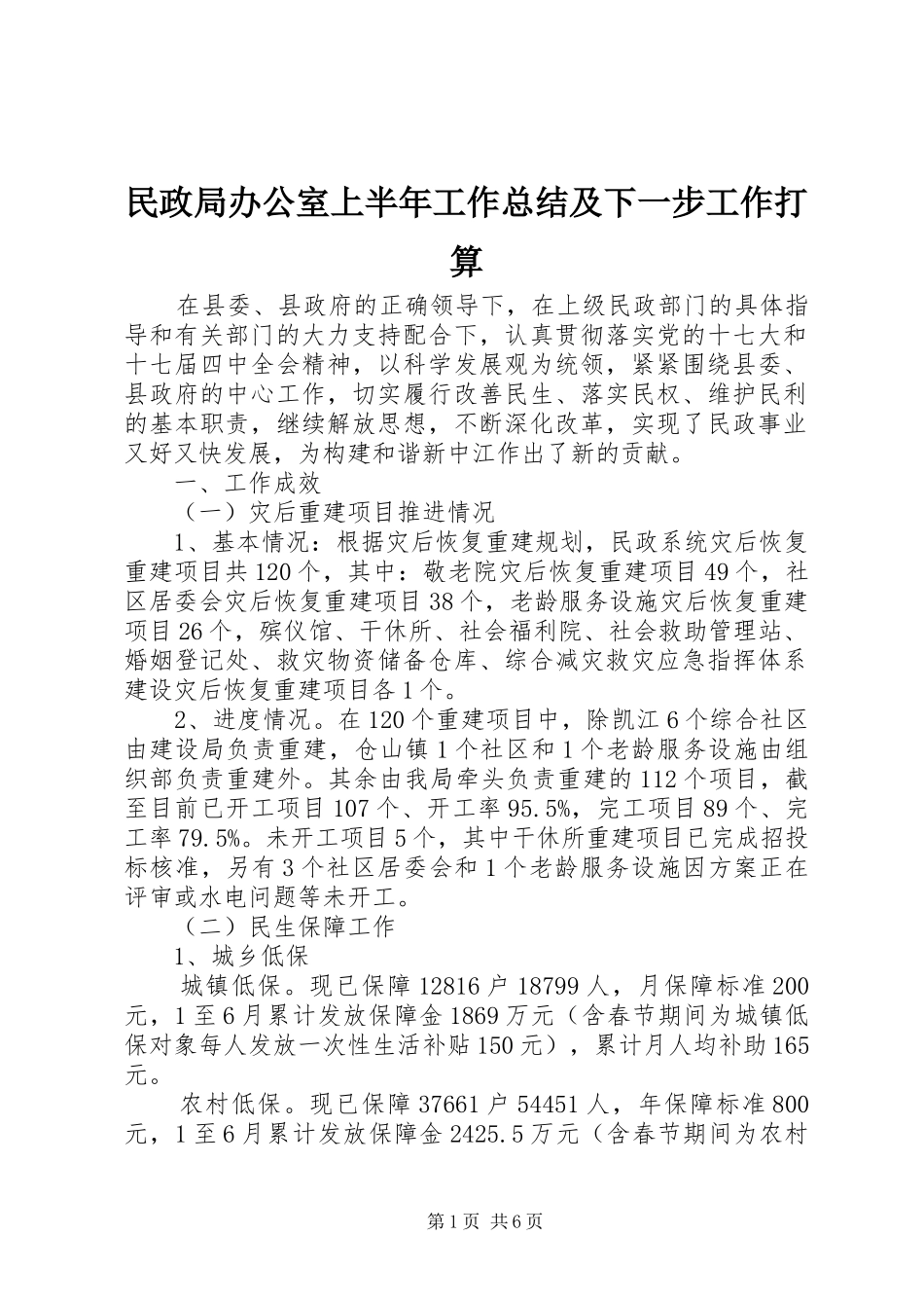 2024年民政局办公室上半年工作总结及下一步工作打算_第1页