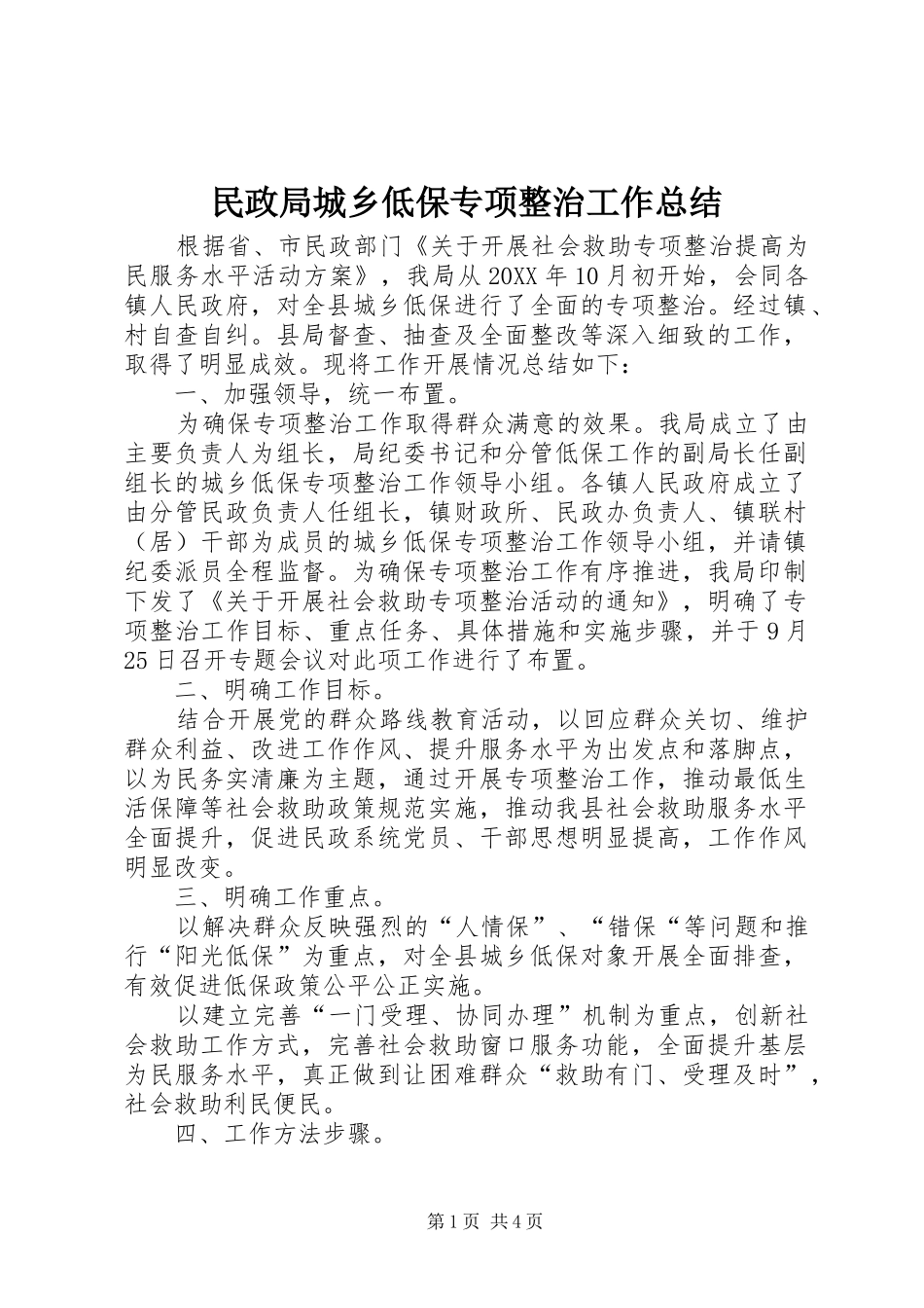 2024年民政局城乡低保专项整治工作总结_第1页