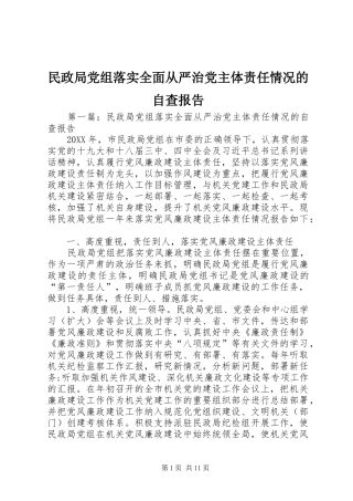 2024年民政局党组落实全面从严治党主体责任情况的自查报告