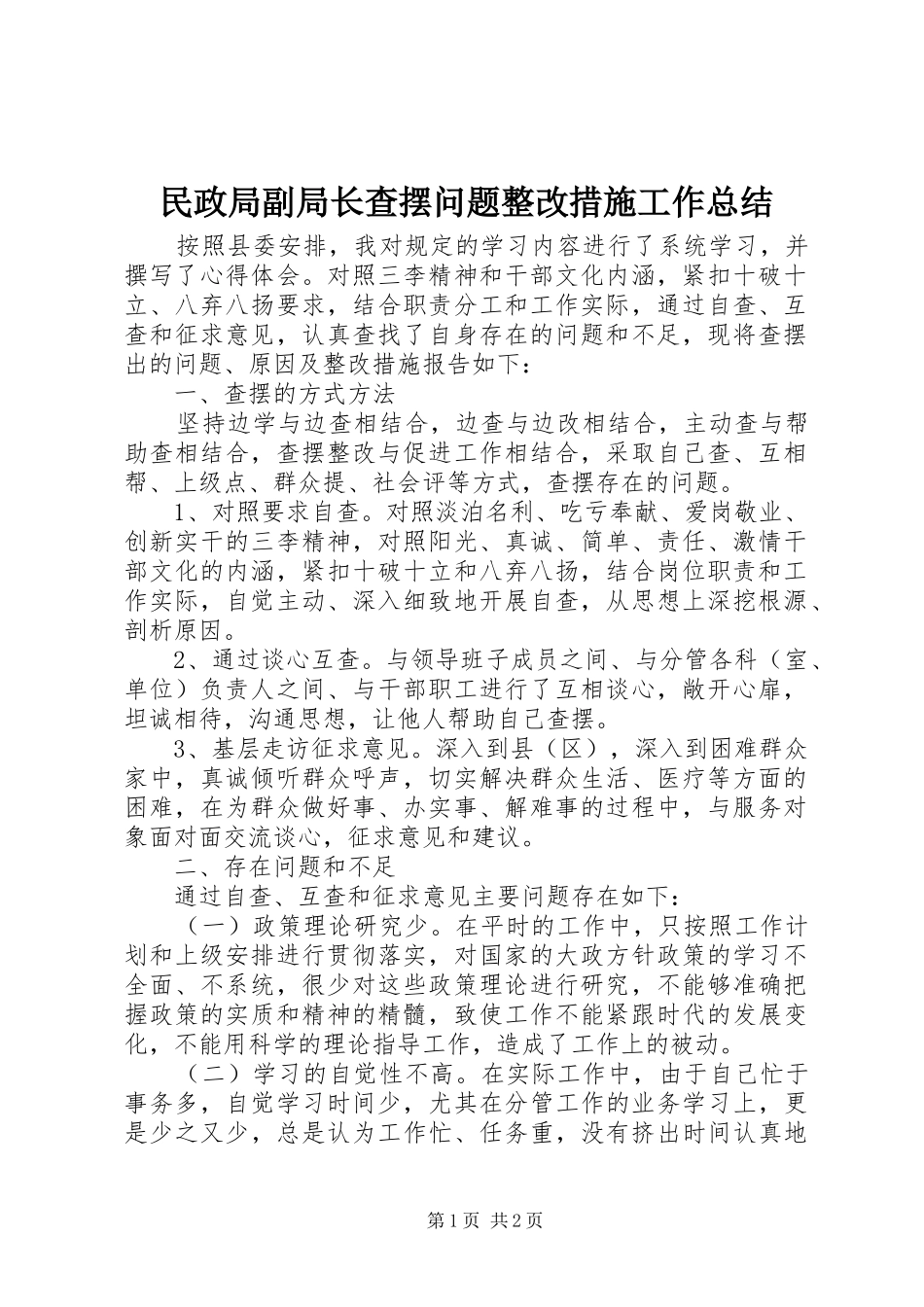 2024年民政局副局长查摆问题整改措施工作总结_第1页