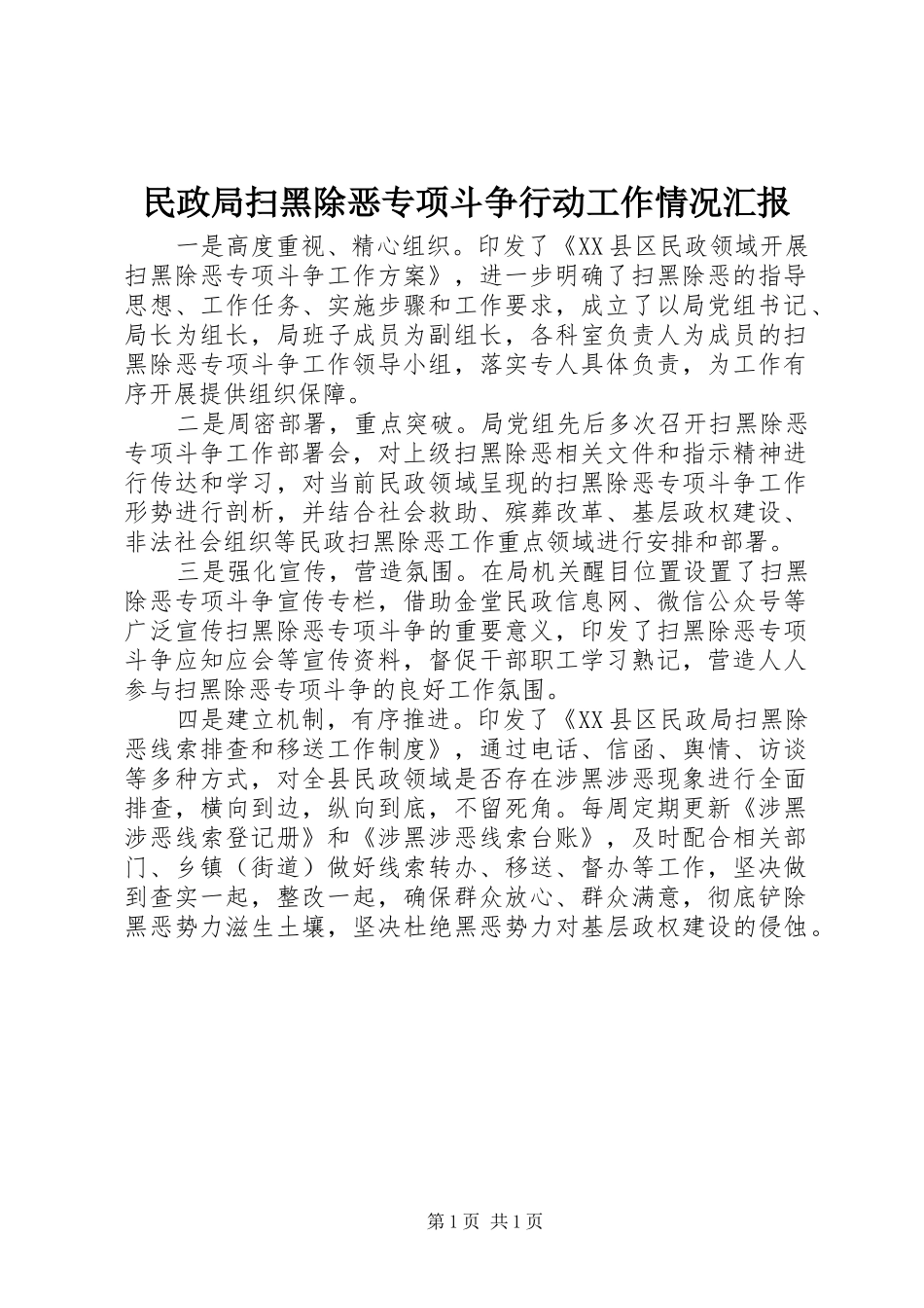2024年民政局扫黑除恶专项斗争行动工作情况汇报_第1页