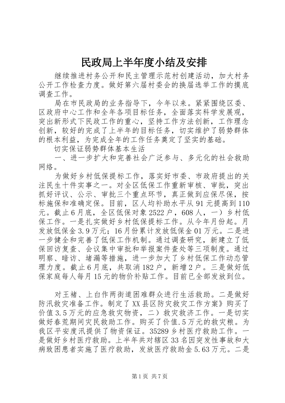 2024年民政局上半年度小结及安排_第1页