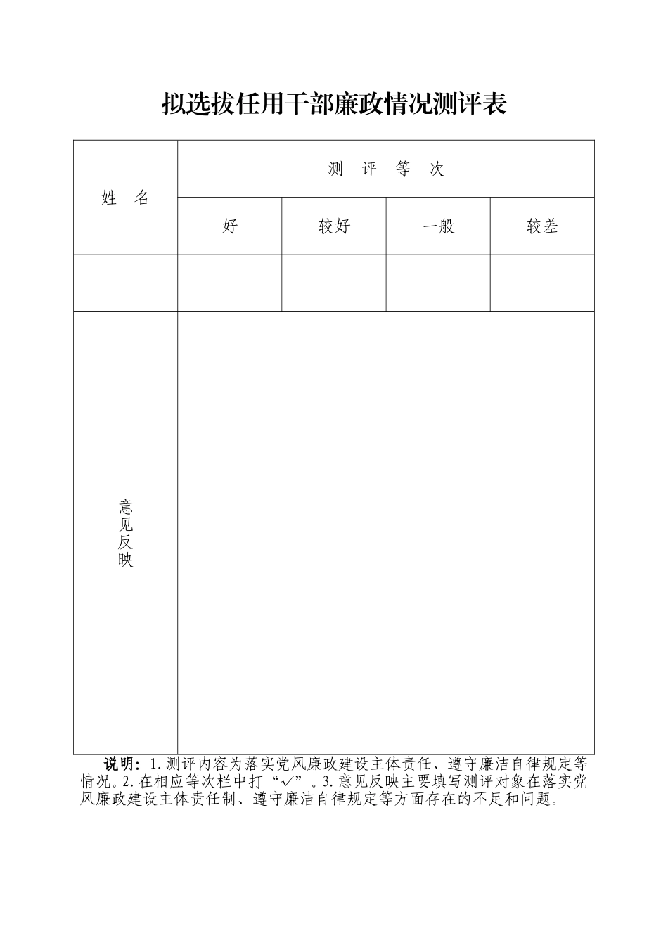 2表--拟选拔任用干部廉政情况测评表_第1页