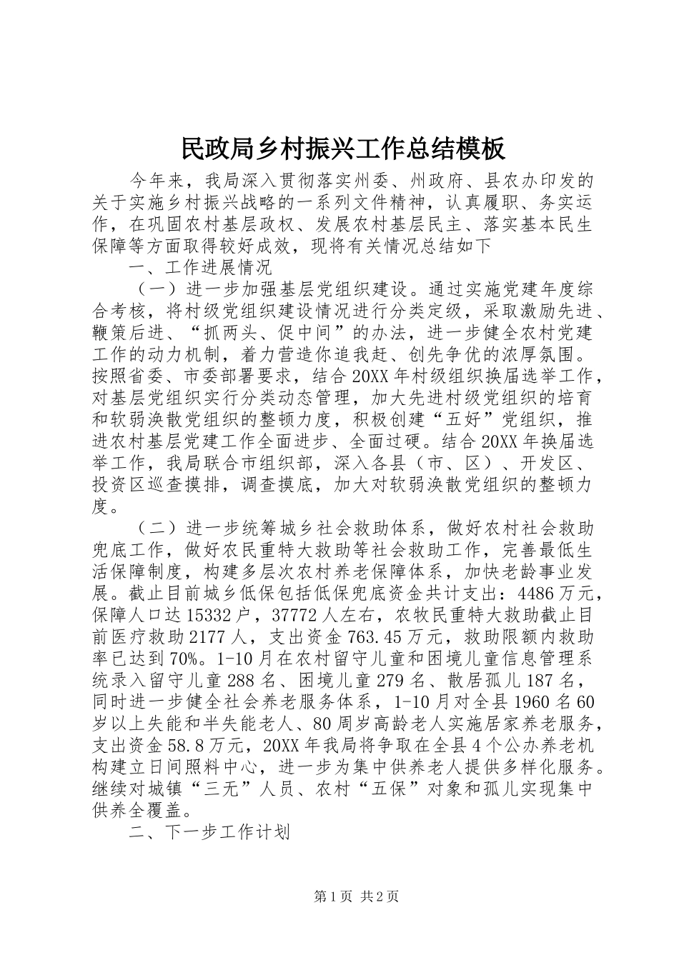 2024年民政局乡村振兴工作总结模板_第1页