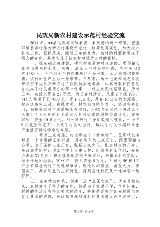 2024年民政局新农村建设示范村经验交流