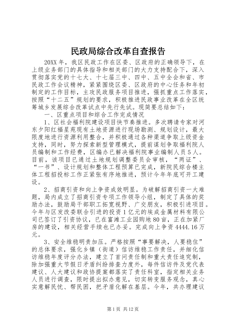 2024年民政局综合改革自查报告_第1页