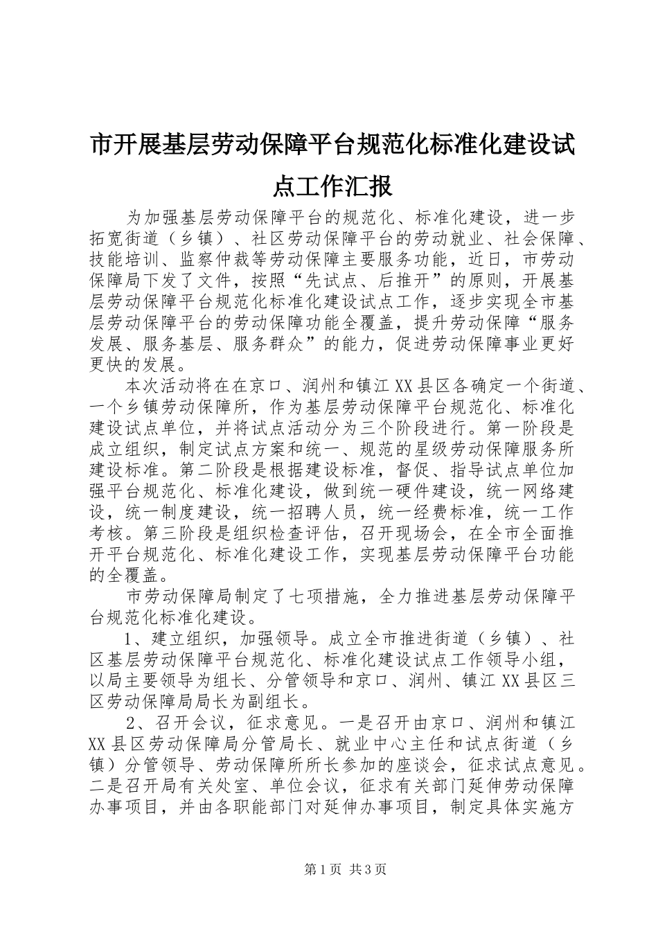 2024年市开展基层劳动保障平台规范化标准化建设试点工作汇报_第1页