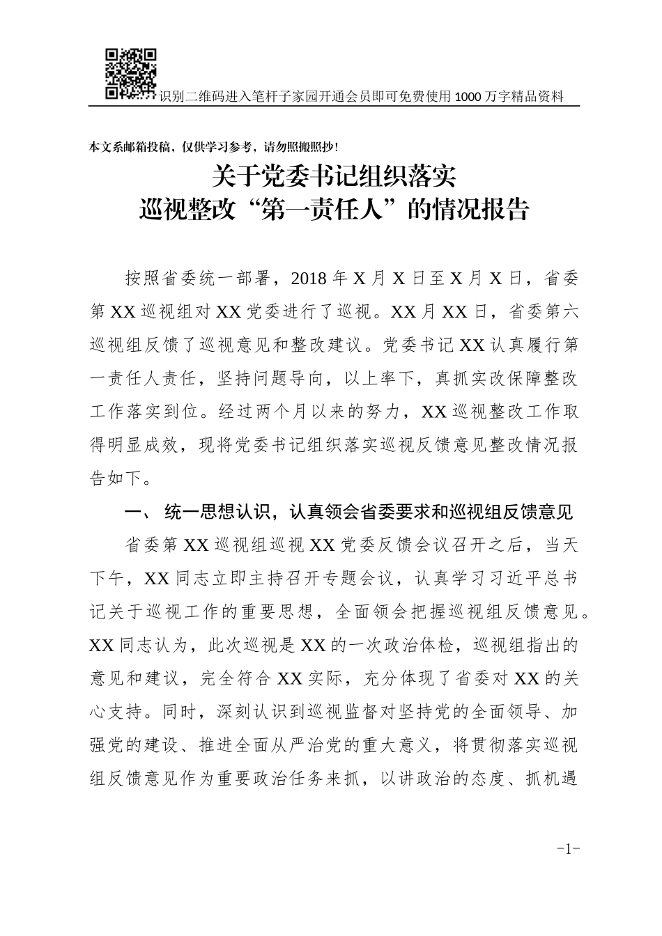 关于党委书记组织落实巡视整改“第一责任人”的情况报告(范文)_第1页