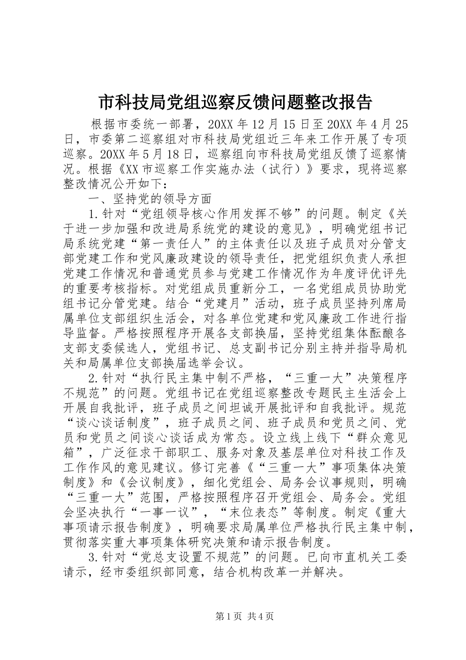 2024年市科技局党组巡察反馈问题整改报告_第1页