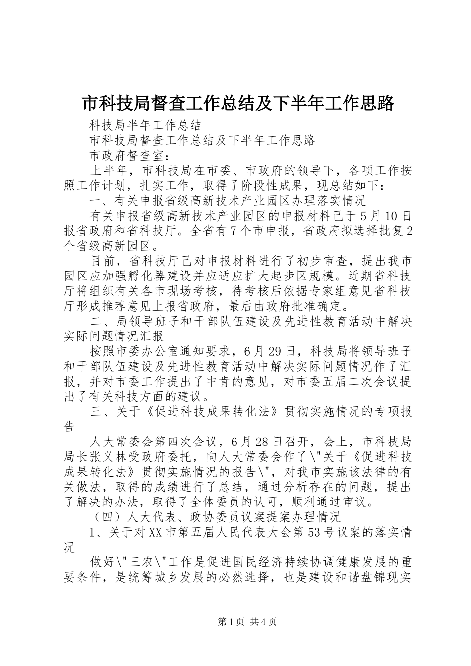 2024年市科技局督查工作总结及下半年工作思路_第1页